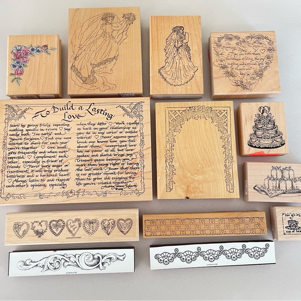 Wedding & Romance Wood Rubber Stamp Set - Neutral Wood Finish